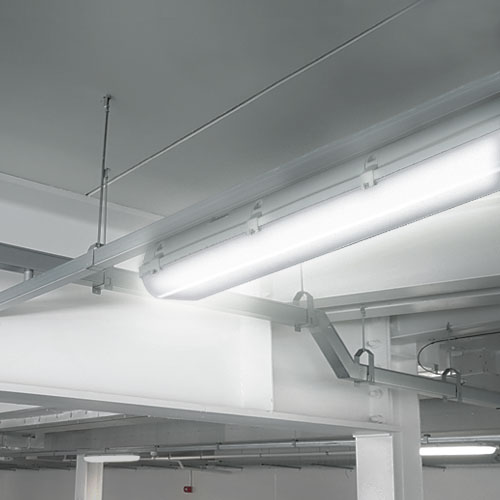 Umbra batten light mounted on a ceiling rod