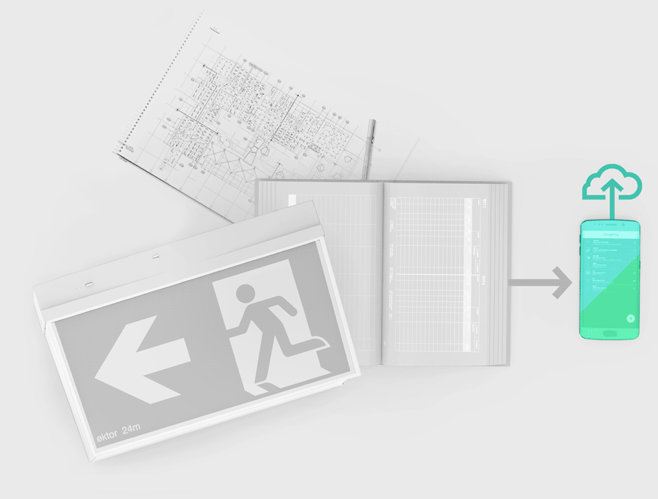 Illustration of emergency lighting plan and logbook connected to a phone and uploaded to the cloud