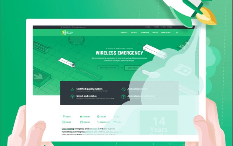 Vector art of hands holding a tablet showing the new Ektor website