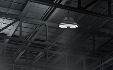 Black Hover Highbay LED Light hanging in warehouse