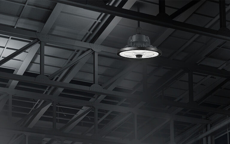 Black Hover Highbay LED Light hanging in warehouse