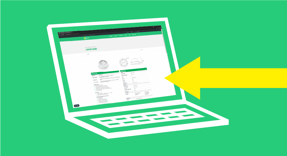 Laptop on Ektor product page, with arrow pointing out the specification table where IK Rating can be found if applicable.