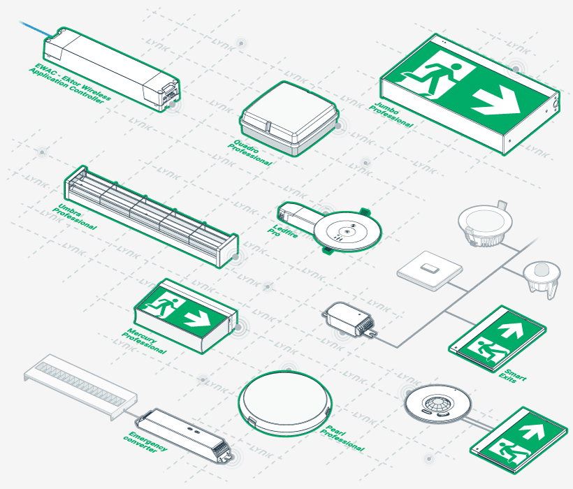 Graphic showing multiple emergency light fittings connected via Lynk mesh system