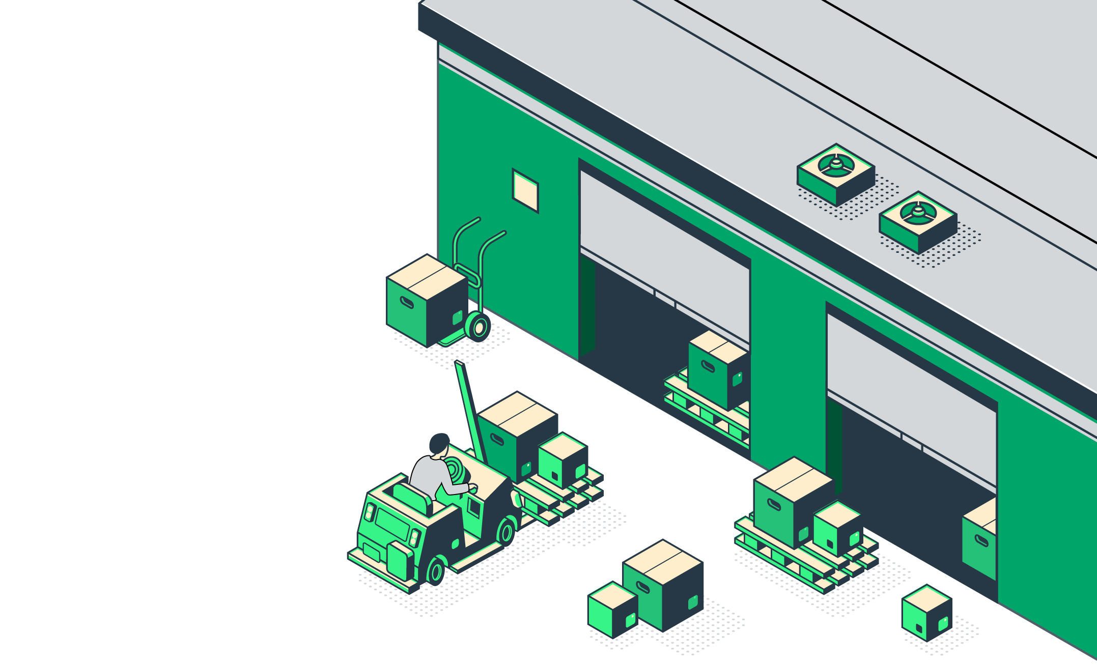 Vector illustration of busy warehouse with forklift