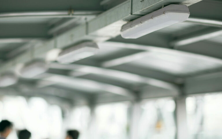 Outdoor batten light fixtures mounted to undercover roof area